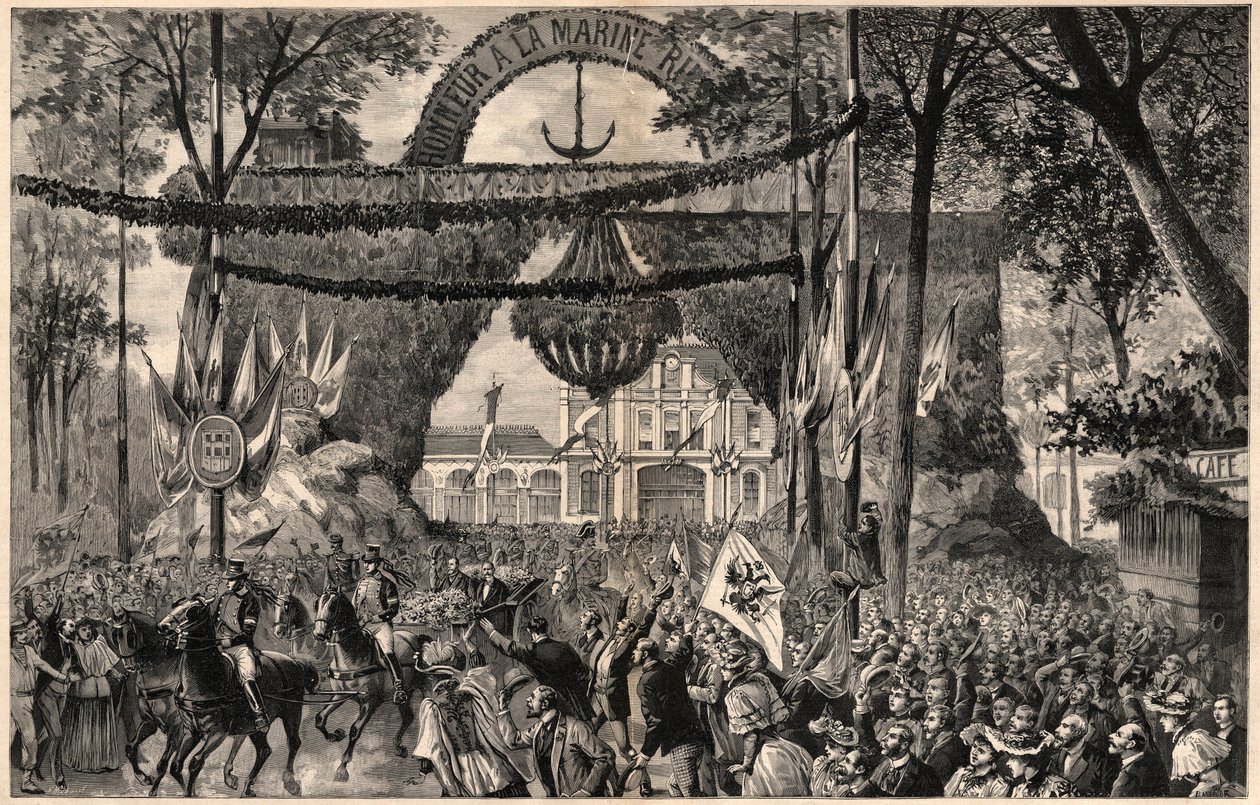 De aankomst van Alexis Alexandrovich Romanov, grootvorst van Rusland, in Vichy in 1891 - gravure door Meaulle door Fortune Louis Meaulle