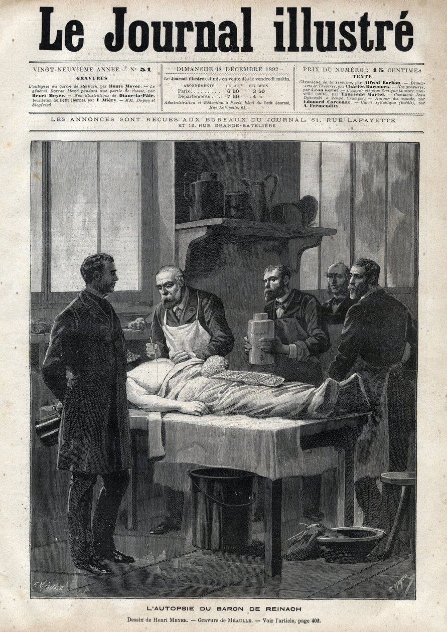 De autopsie van Baron Jacques de Reinach (1840-1892) in 1892 - gravure door Meaulle in 