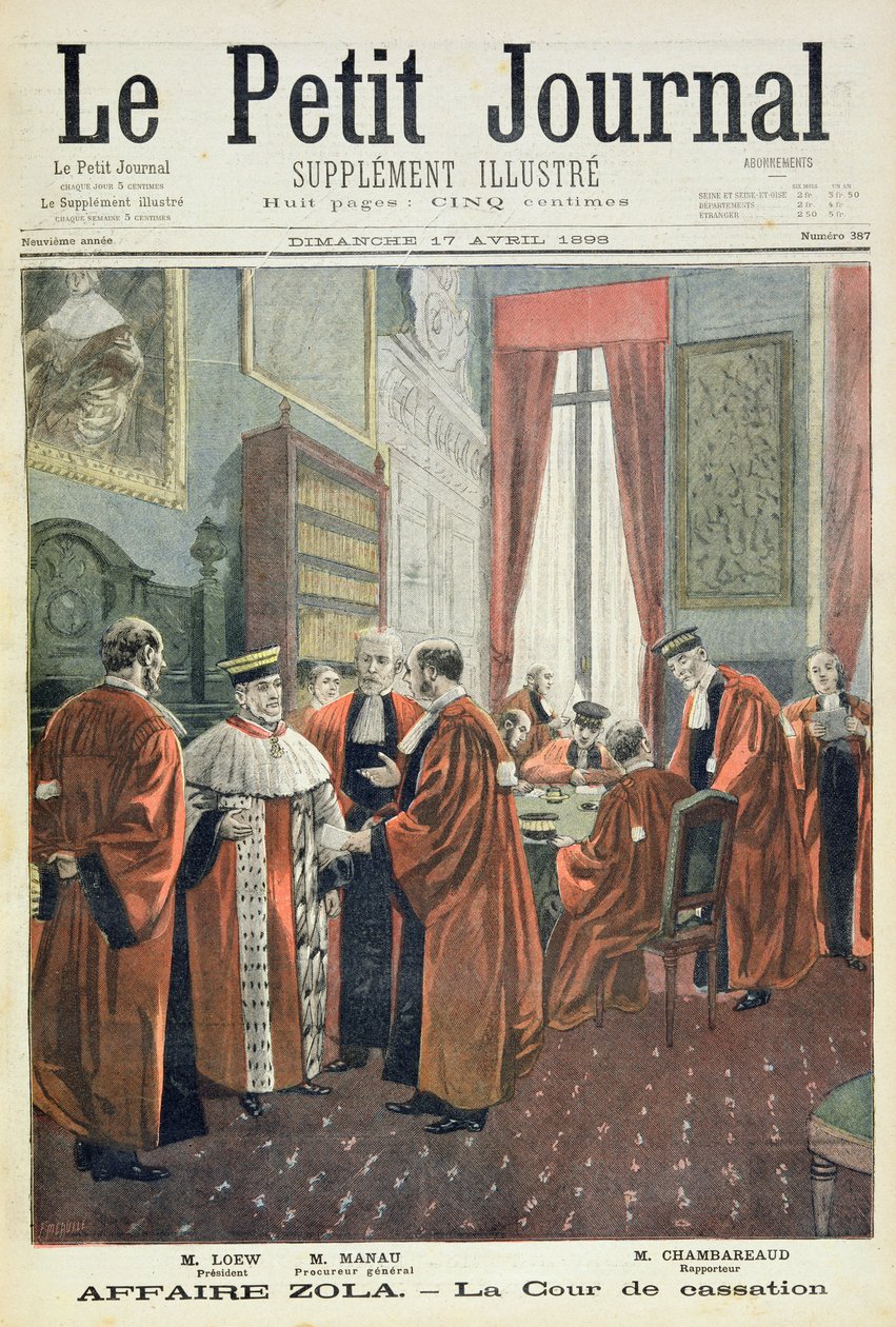 Titelpagina met de Rechtbank van Cassatie met Mr. Loew, Mr. Chambareaud en Mr. Manau, illustratie uit de geïllustreerde bijlage van Le Petit Journal door Fortune Louis Meaulle
