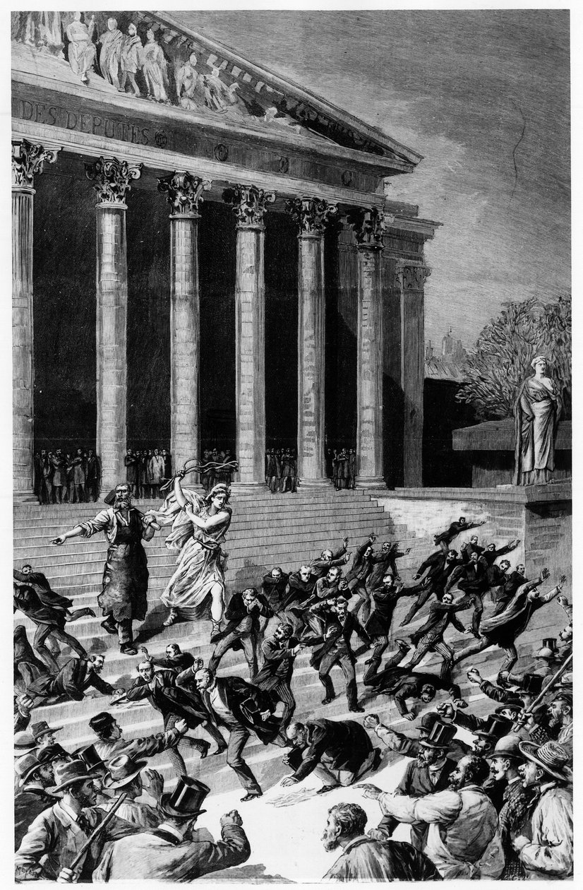 Algemeen kiesrecht en de Republiek verdrijven kooplieden uit de tempel - in "Le Journal illustré" van 25/12/1892, compositie door Henri Meyer, gravure door Meaulle. door Fortune Louis Meaulle