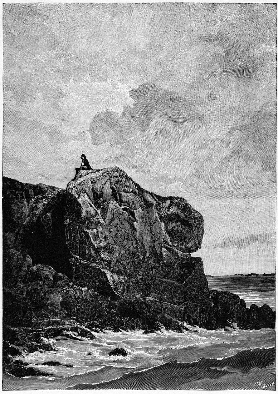 Victor Hugo in ballingschap op Jersey in 1855, op de Proscriit-rots. Gravure door Louis Fortune Meaulle. door Fortune Louis Meaulle
