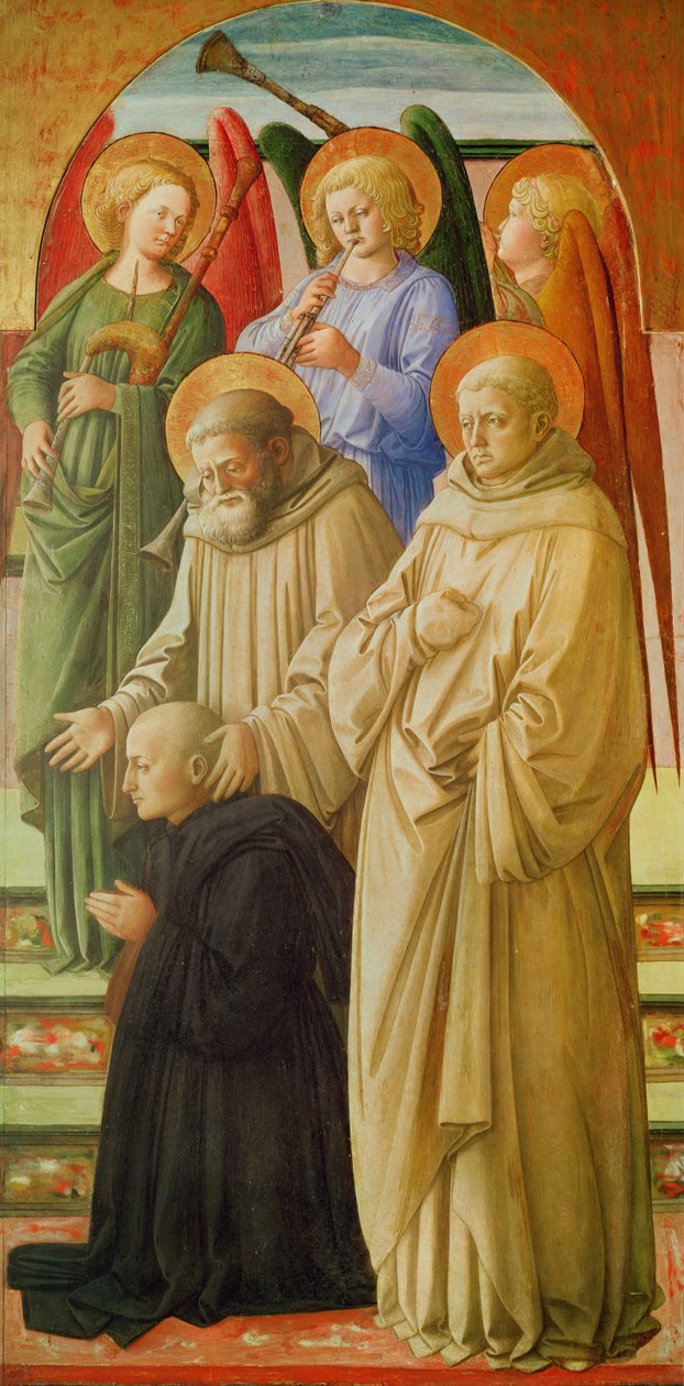 Drieluik met de kroning van de Maagd (rechterpaneel: de Dominicaanse heiligen, engelmusici en een Benedictijnse monnik) door Fra Angelico