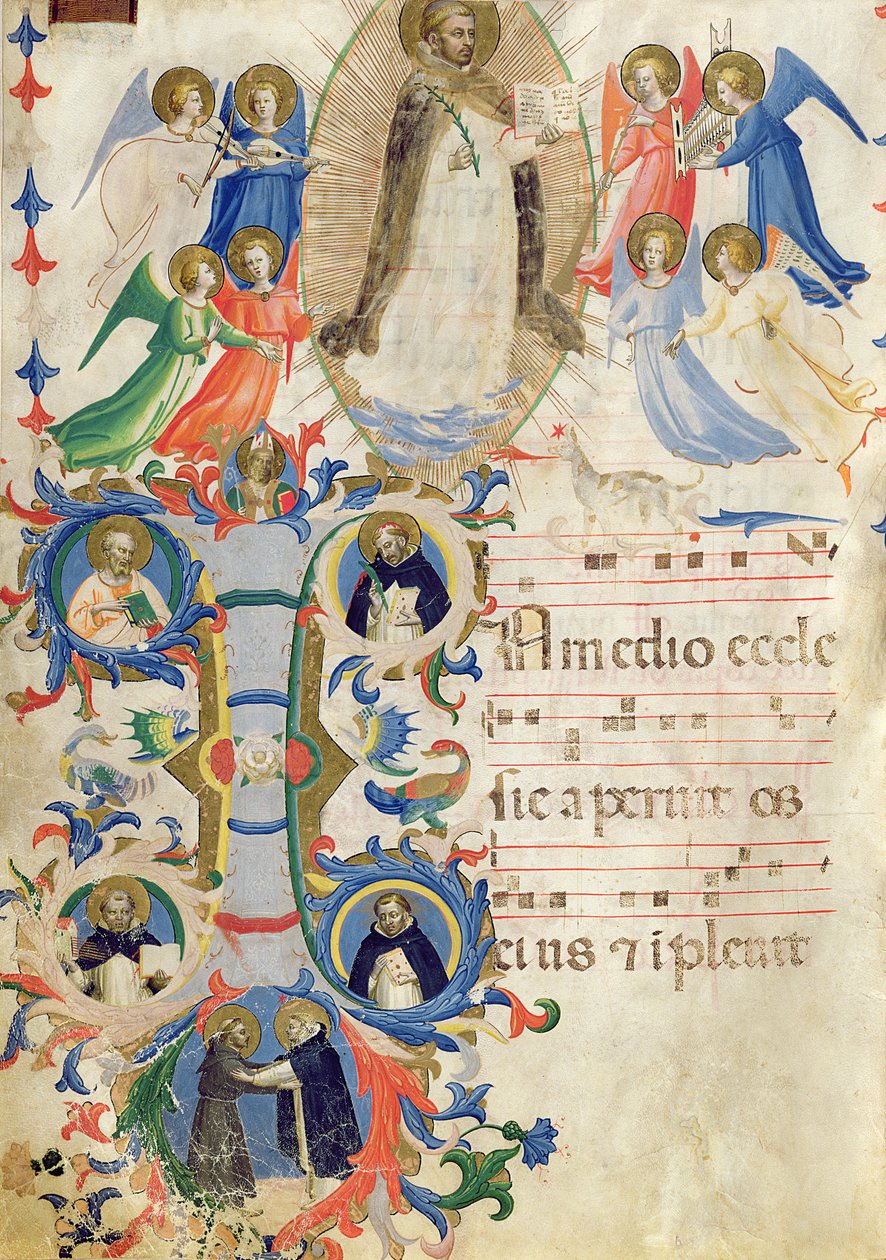 Ms 558 f.67v Pagina met afbeelding van St. Dominic en een gehistorieerde initiaal 