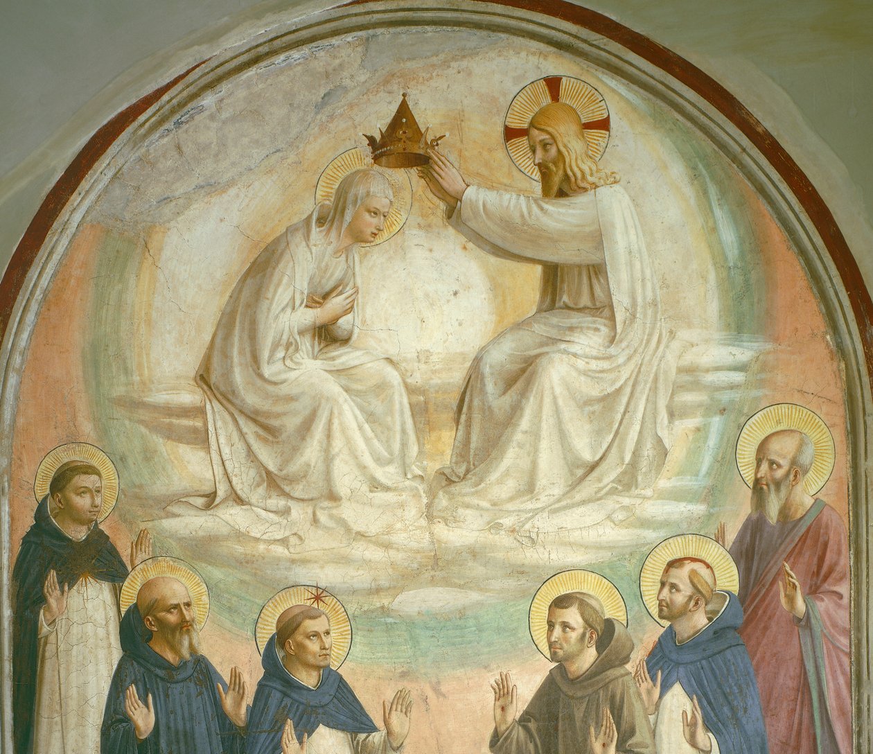 De Kroning van de Maagd, met Heiligen Thomas, Benedictus, Dominicus, Franciscus, Petrus de Martelaar en Paulus, 1442 (detail) door Fra Angelico