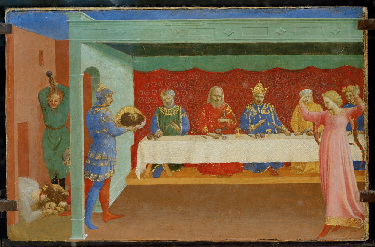 Predella van een altaarstuk: De onthoofding van Johannes Baptist en het feest van herodes, met Salome dansend ... door Fra (c.1387 1455) Angelico