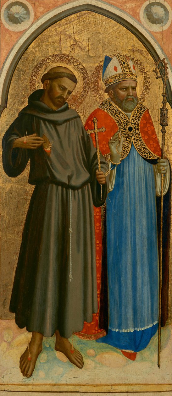 Sint Franciscus en een bisschop, eind jaren 1420 (tempera en bladgoud op paneel) door Fra (c.1387 1455) Angelico