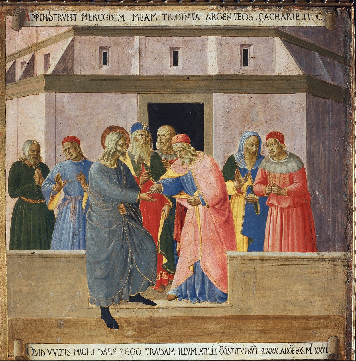 Judas ging naar de hogepriesters en stemde ermee in Jezus over te leveren in ruil voor dertig zilverstukken door Fra  Angelico