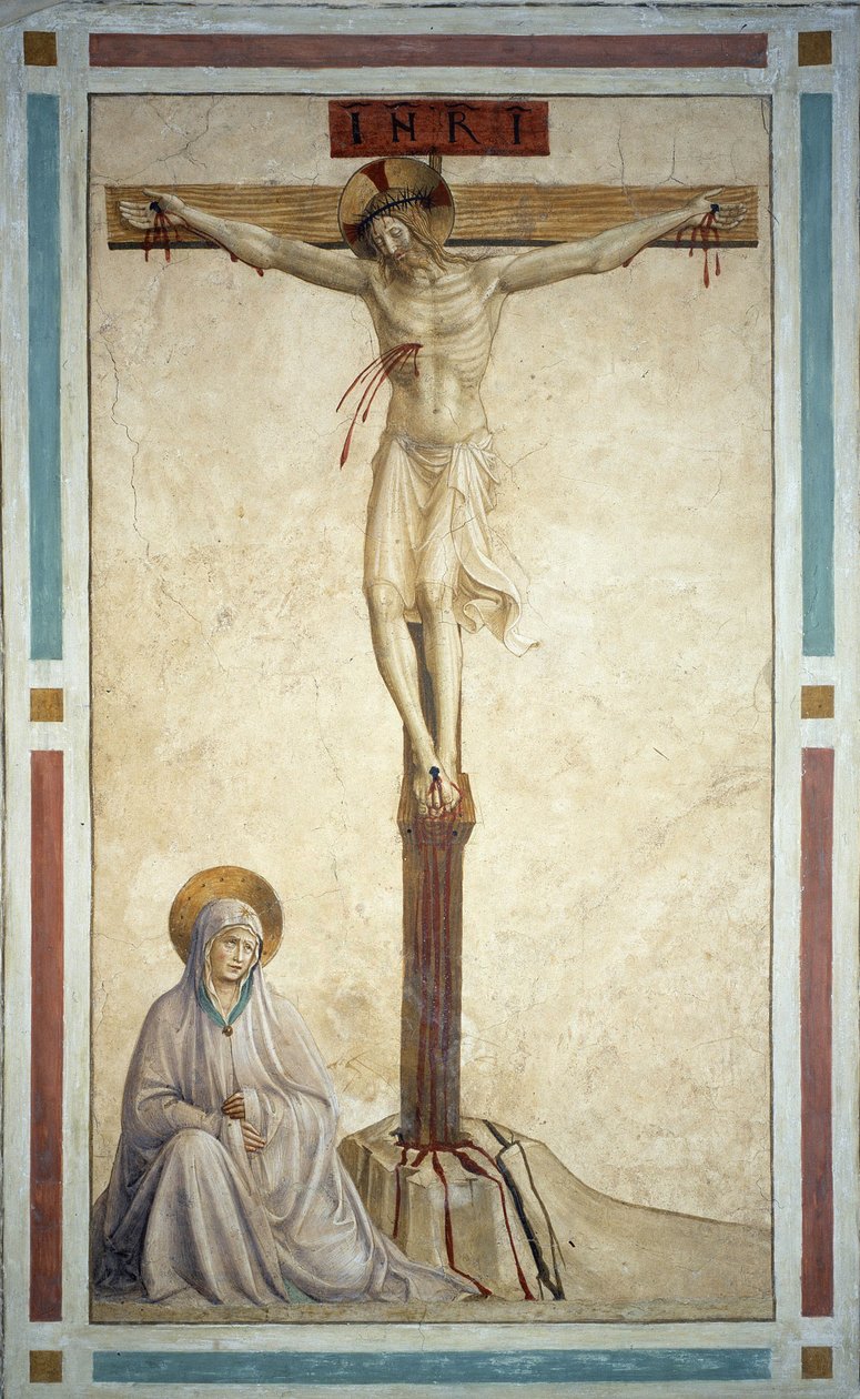 De kruisiging met de Maagd Maria. Inscriptie "INRI" op het kruis. Fresco van Guido di Pietro (of Fra Giovanni da Fiesole) genaamd Fra Angelico of il Beato (1400-1455) door Fra  Angelico