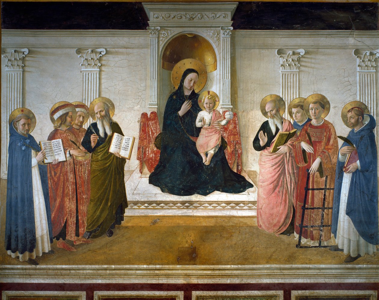 Maagd van Schaduwen of Heilige Conversatie of Maagd en Kind met Acht Heiligen: Dominicus, St Cosimo en St Damien, St Marcus, St Johannes de Evangelist, St Thomas van Aquino, St Laurentius en St Petrus door Fra  Angelico