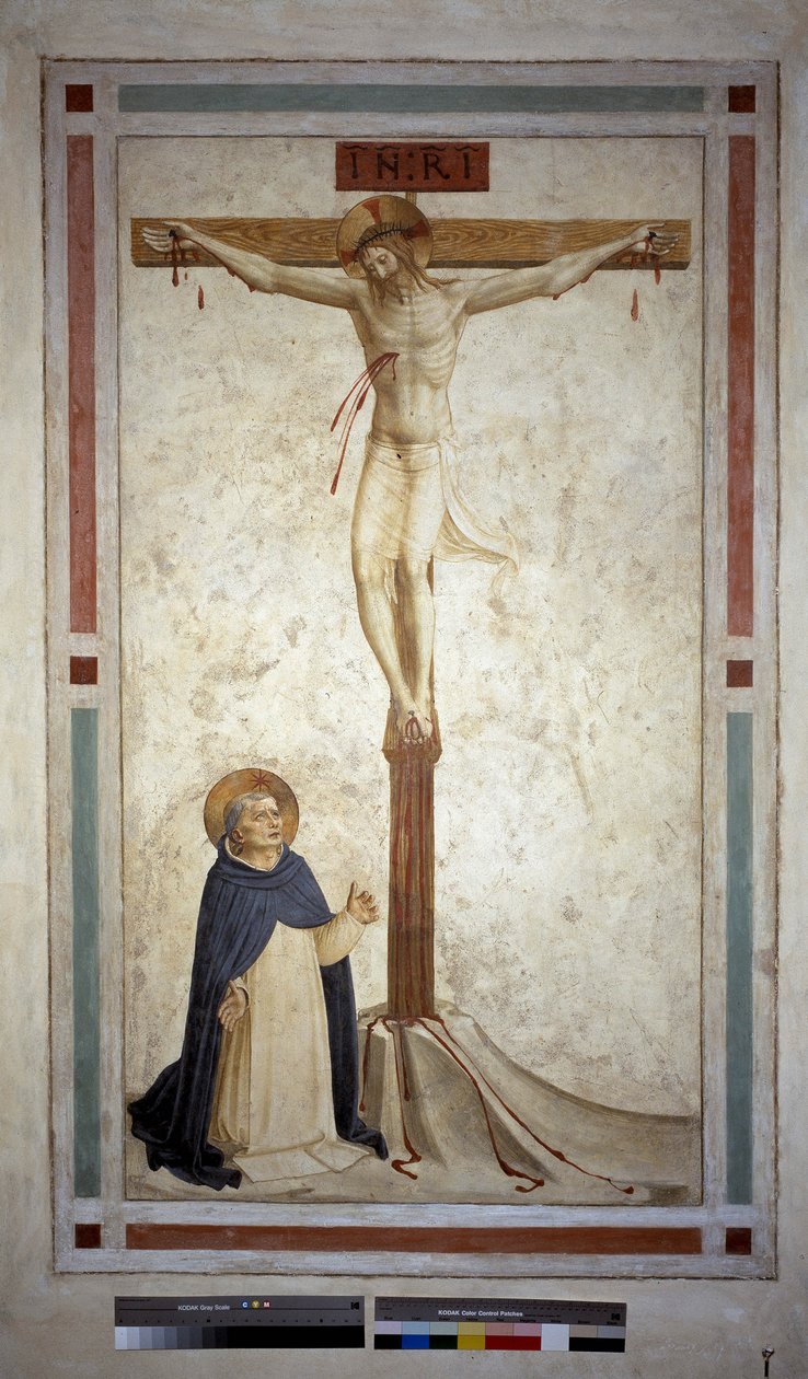 Kruisiging met Sint Dominicus. Inscriptie "INRI" op het kruis. Fresco van Guido di Pietro door Fra Angelico