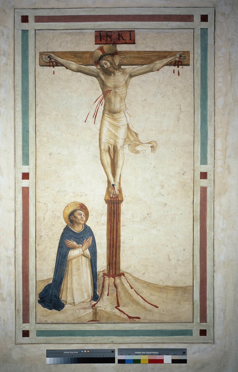 De kruisiging met Sint Dominicus. Inscriptie "INRI" op het kruis. Fresco van Guido di Pietro door Fra Angelico