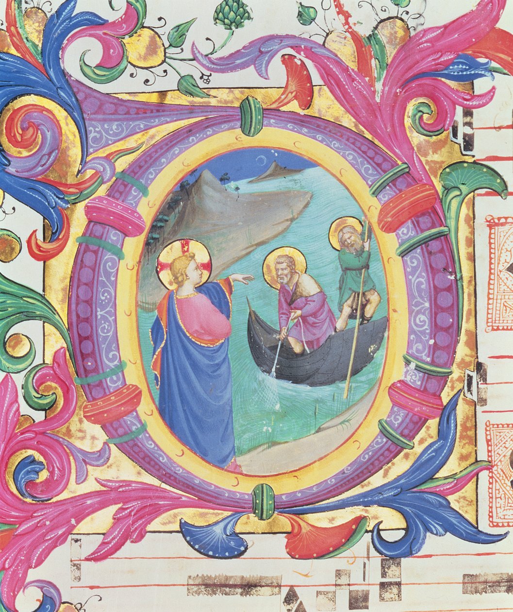 Missaal 558 f.9r Geïllustreerde initiaal O die het wonderbaarlijke vissen vangen toont (detail) door Fra Angelico