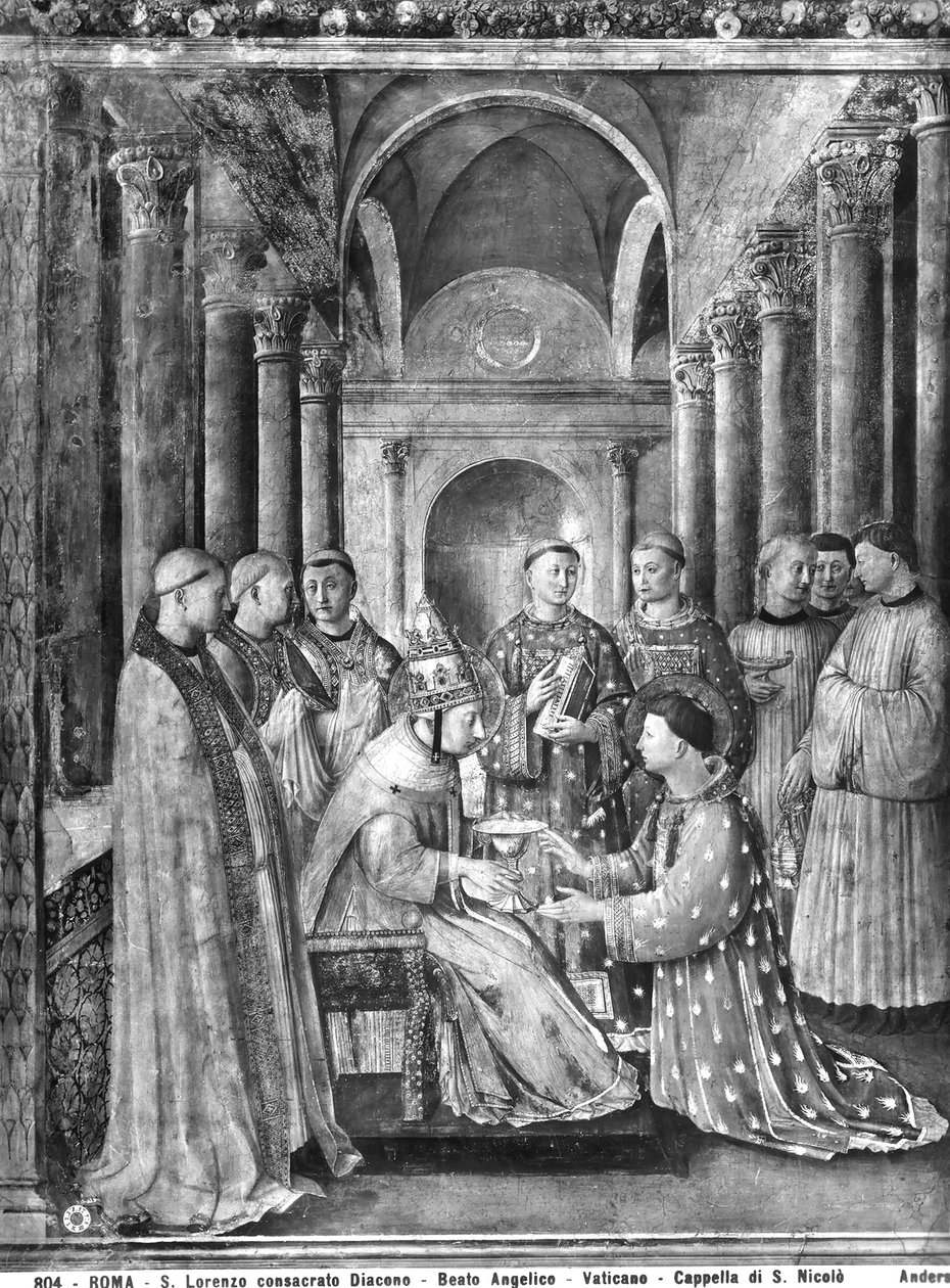 Paus Sixtus II verleent het Diaconaat aan St. Laurentius uit de Kapel van Nicolaas V door Fra Angelico