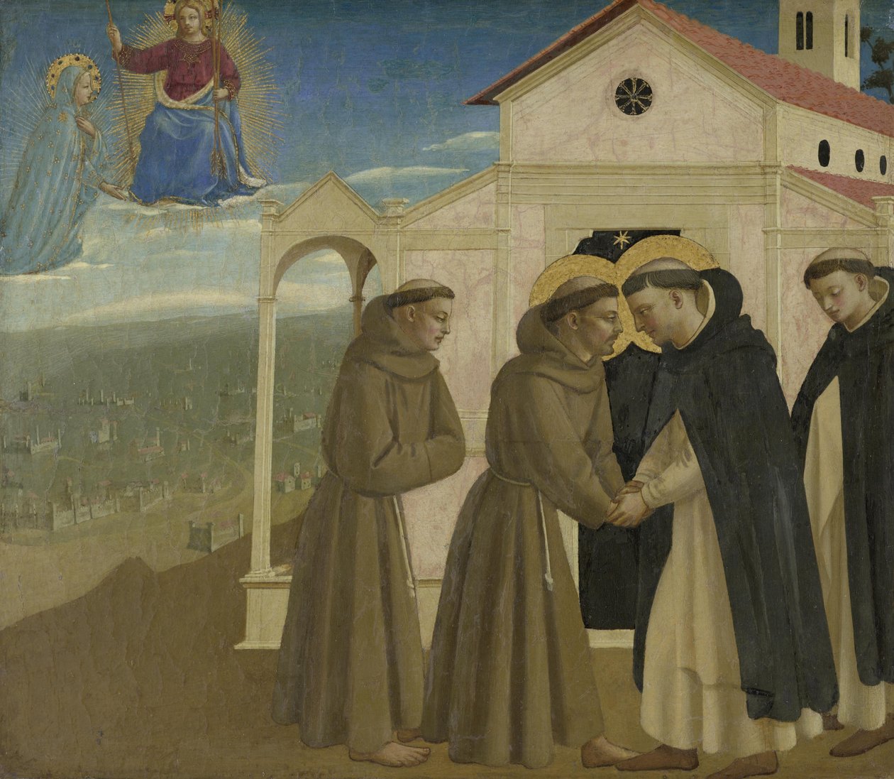 Deel van een predella: De ontmoeting van de heiligen Dominicus en Franciscus door Fra Angelico