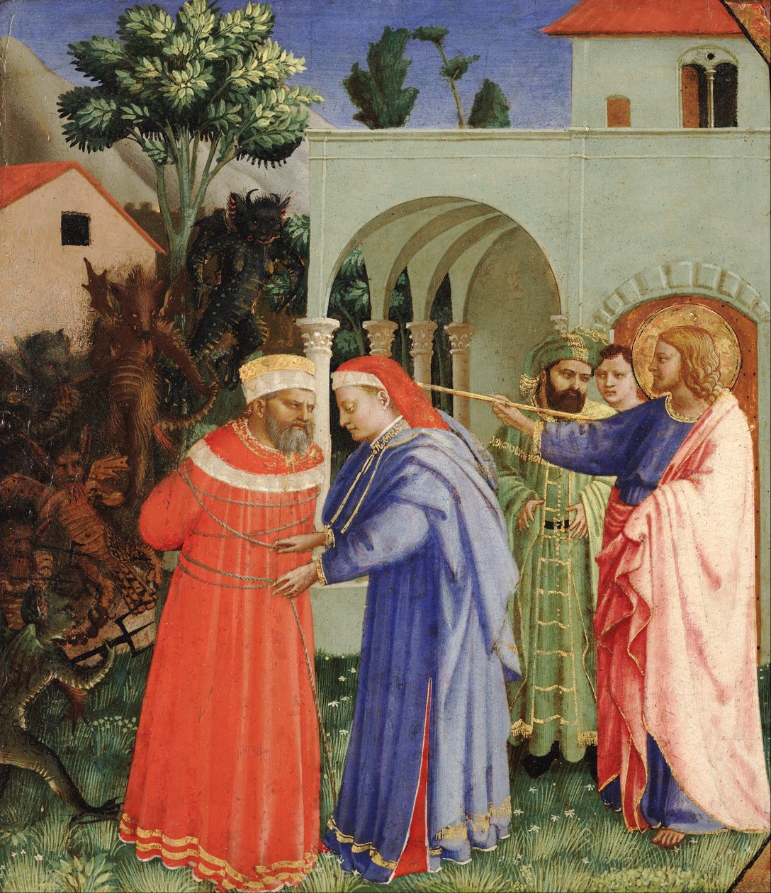 De apostel Jakobus de Meerdere bevrijdt de magiër Hermogenes door Fra Angelico