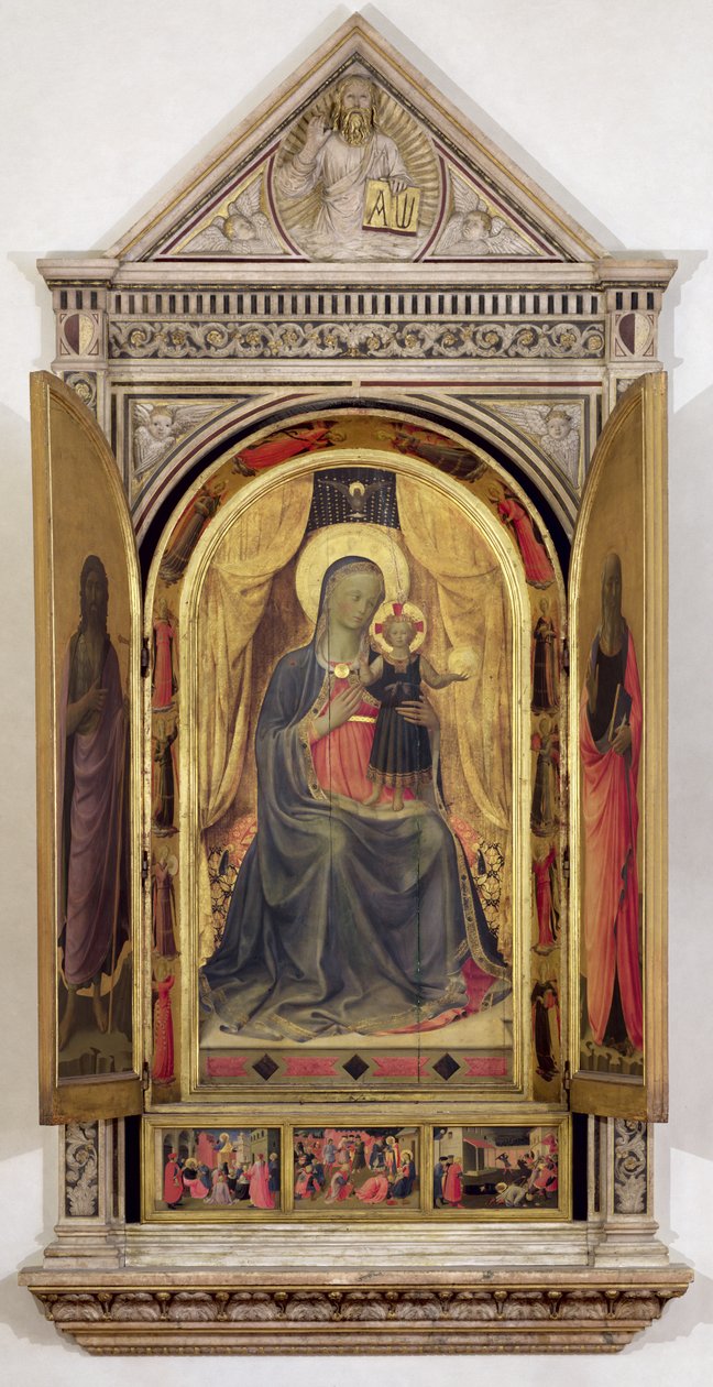 Het Linaiuoli Drieluik (met open luiken): De Maagd en het Kind op de troon met St. Johannes de Doper en St. Marcus, 1433 door Fra Angelico