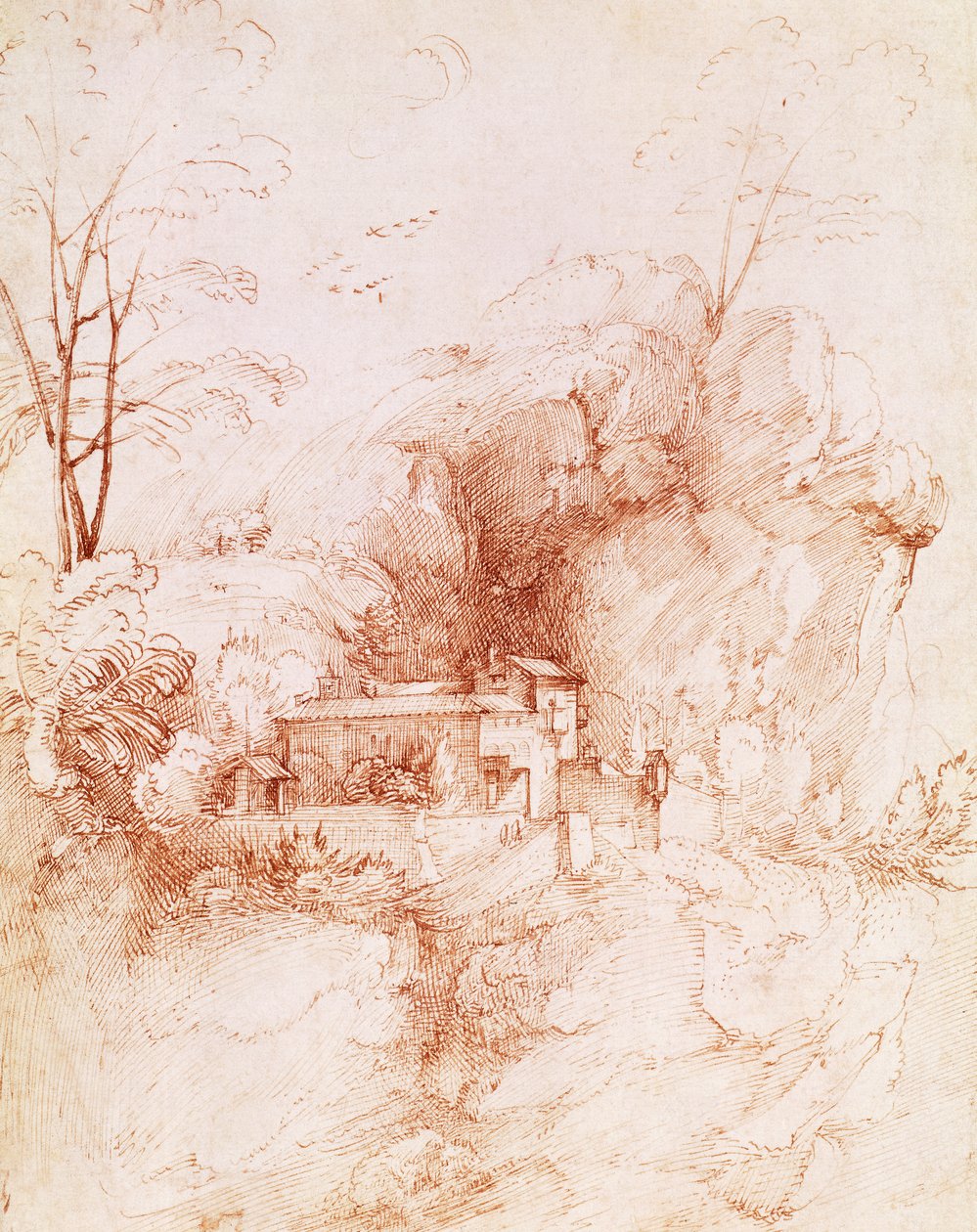 Rotsachtig landschap met klooster door Fra Bartolomeo