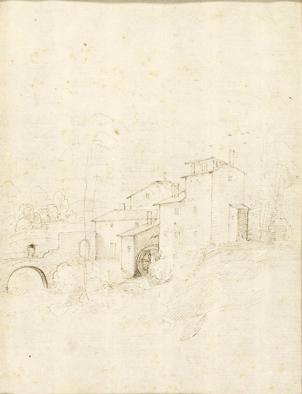 Watermolen met Figuren op een Gebogen Brug door Fra Bartolommeo