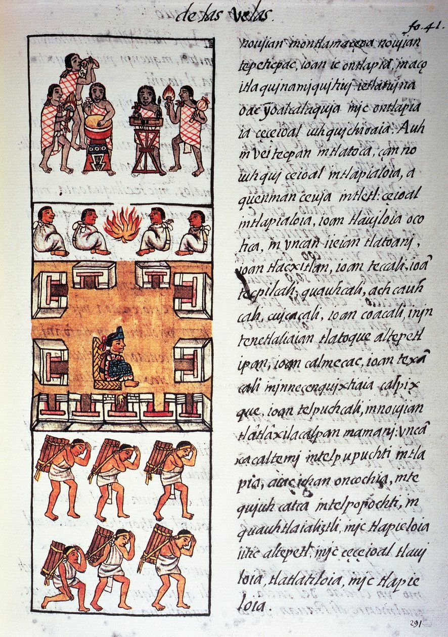 Azteekse samenleving, muzikanten, koning en kooplieden, tekst in Nahuatl, uit facsimile van manuscript Algemene Geschiedenis van de Dingen van Nieuw-Spanje, ook bekend als Florentijnse Codex, door Bernardino de Sahagun door Fra Bernadino da Sahagun