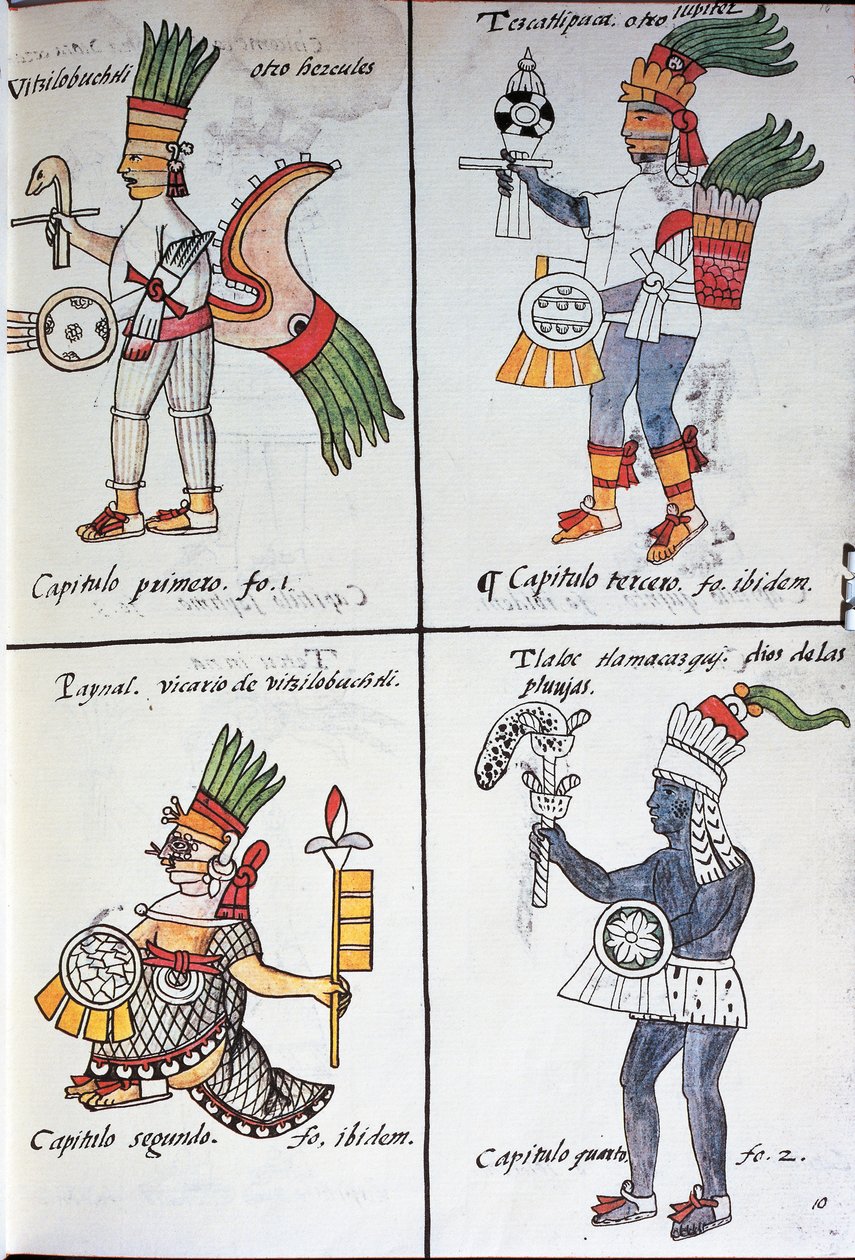 Gods van de oude Mexicanen, Huitzilopochtli, Tezcatlipoca, Tlaloc en Paynal, tekst in het Spaans, uit facsimile van manuscript Algemene Geschiedenis van de Dingen van Nieuw-Spanje door Fra Bernadino da Sahagun