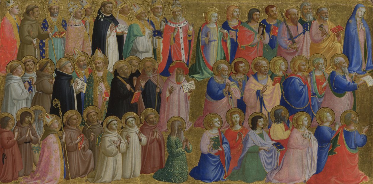 De Maagd Maria met de Apostelen en Andere Heiligen Paneel van het Fiesole San Domenico Altaarstuk, c. 1423-1424 door Fra Giovanni Angelico da Fiesole