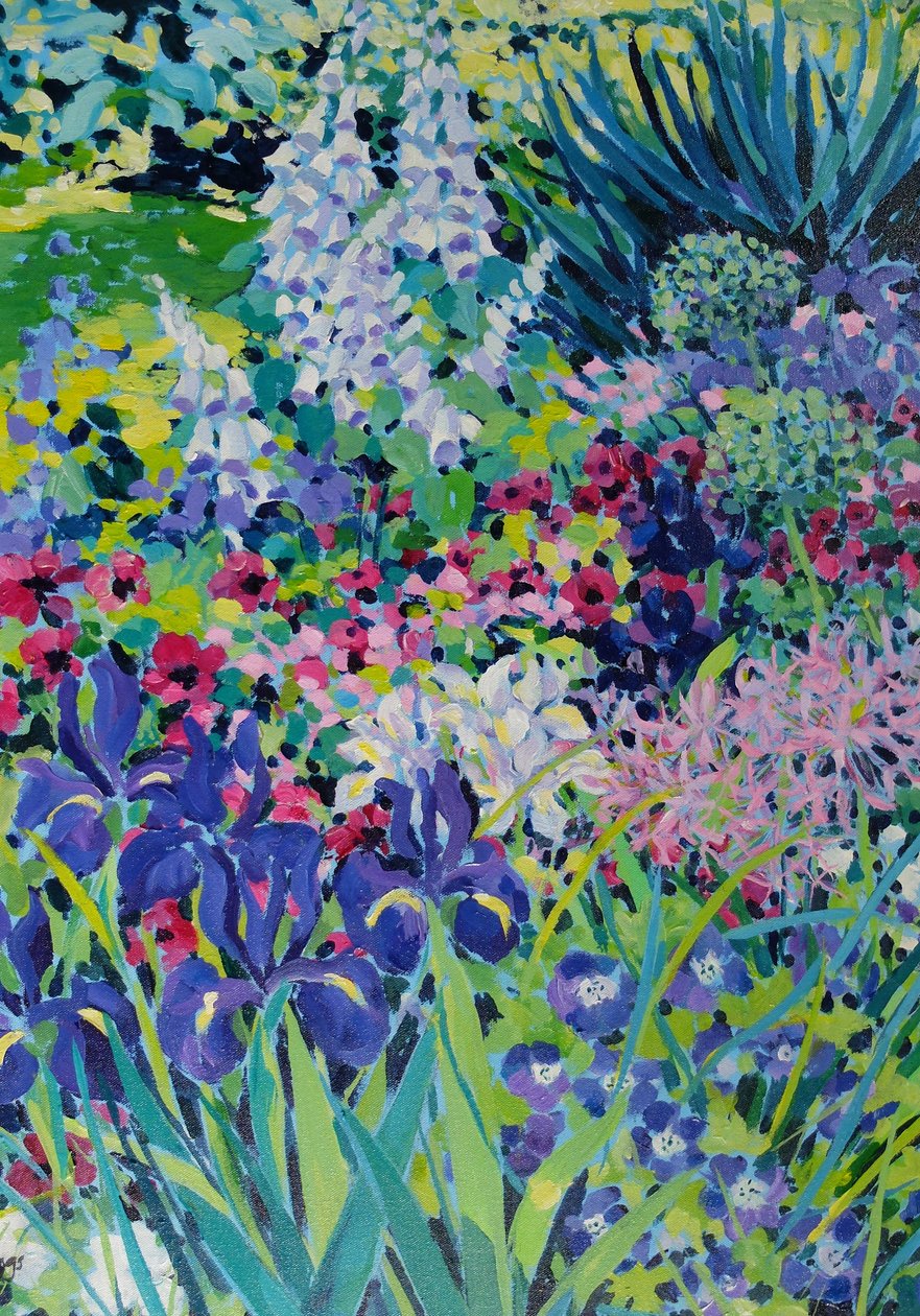 Vroege zomer Border (Iris en wit vingerhoedskruid), 2022 (acryl op doek) door Frances Naggs
