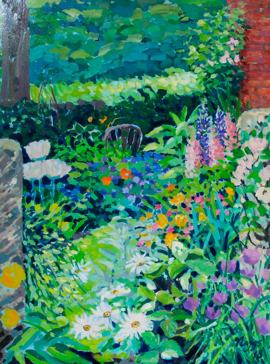 Engelse landelijke tuin, 2018 (acrylverf op doek) door Frances Naggs