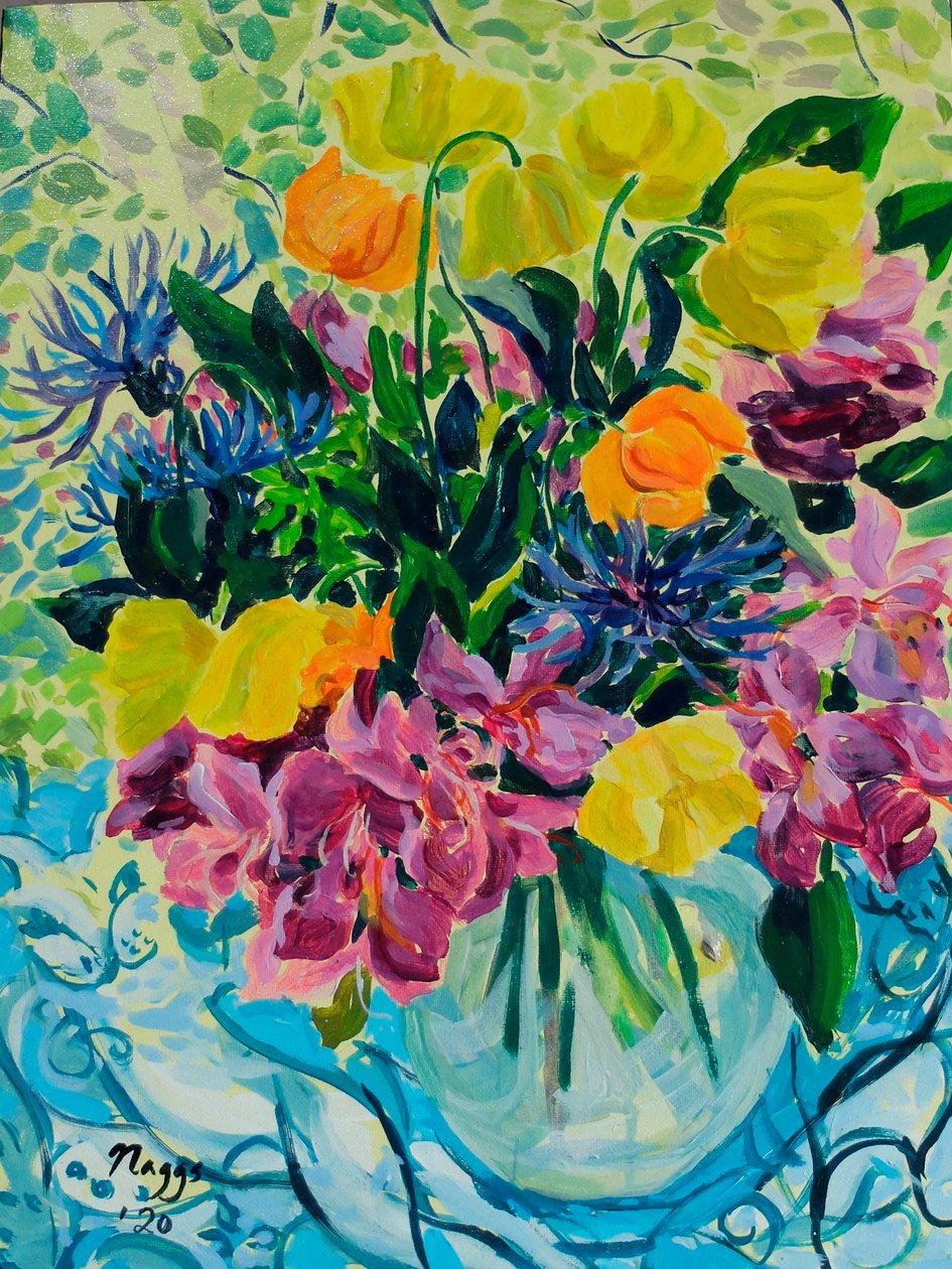 Lenteboeket (Rododendron en klaprozen uit Wales), 2020 (acryl op doek) door Frances Naggs