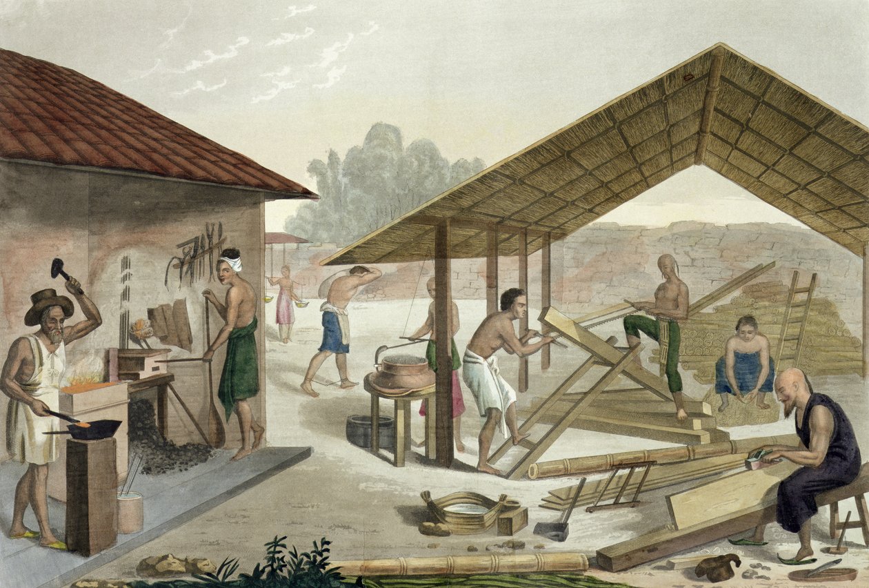 Timmerwerkplaats in Kupang, Timor, plaat 6 uit Le Costume Ancien et Modern door Jules Ferrario, gepubliceerd ca. 1820s-30s door Francesco Citterio