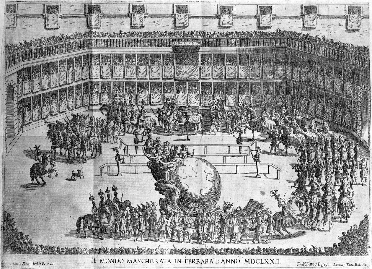 Processie van de Wereldbol, Ferrara, gegraveerd door Lorenzo Tinti door Francesco Ferrari