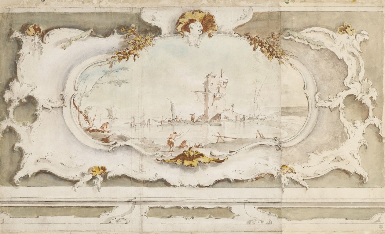 Decoratief cartouche met een landschap door Francesco Guardi