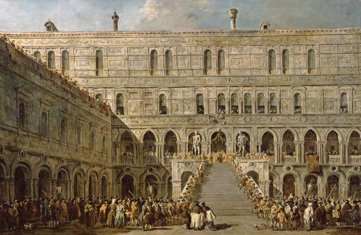 De kroning van de Doge van Venetië op de Scala dei Giganti van het Palazzo Ducale door Francesco Guardi