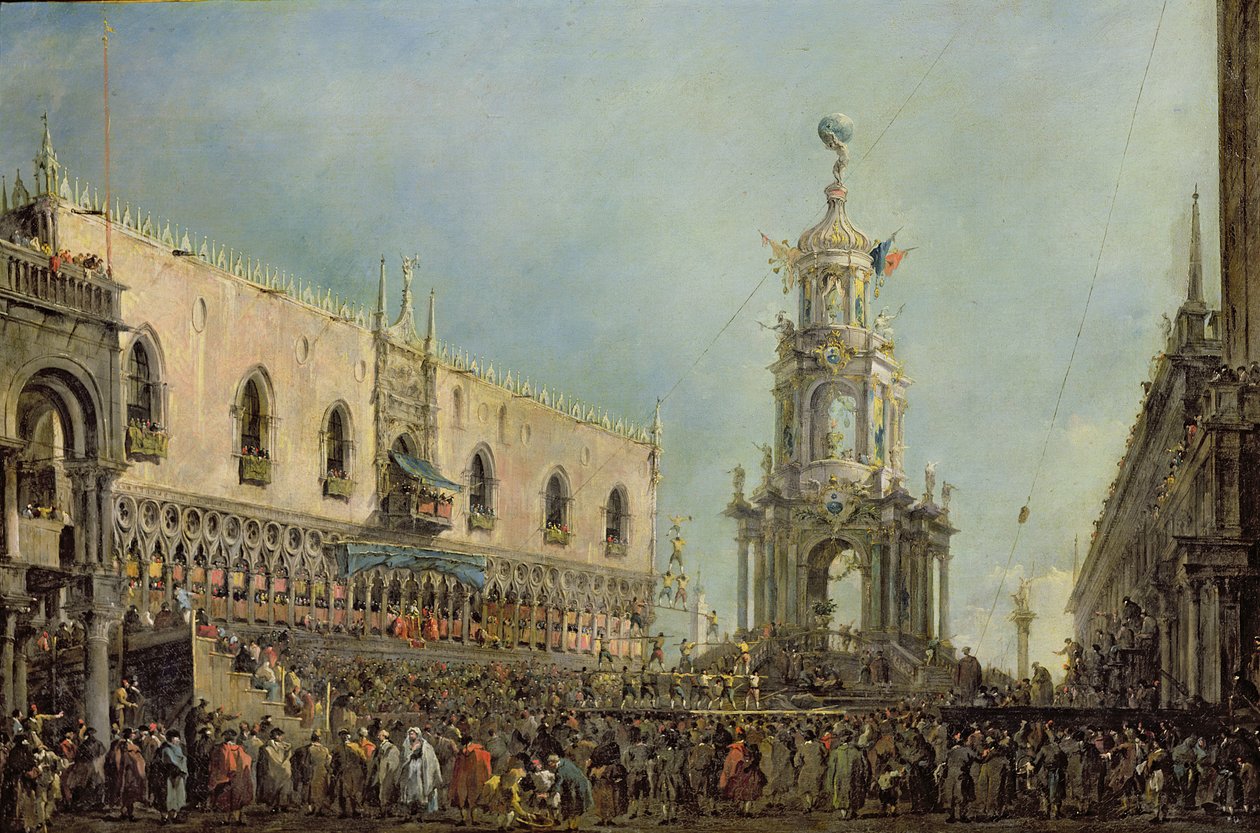 De Doge kijkt naar het festival van Giovedi Grasso op de Piazzetta di San Marco, 1766-70 door Francesco Guardi
