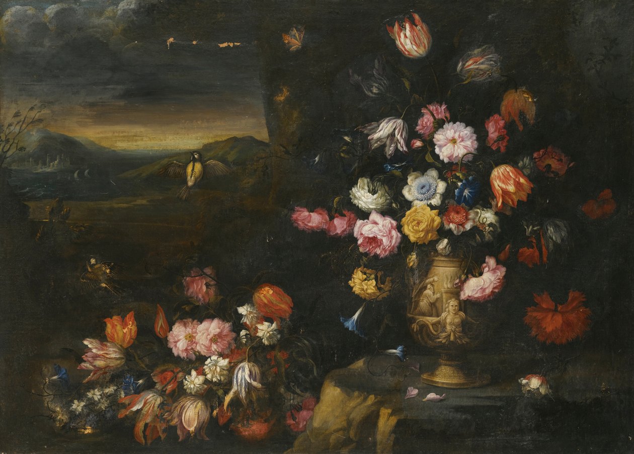 Stilleven met vaas met bloemen in een kustlandschap door Francesco Mantovano