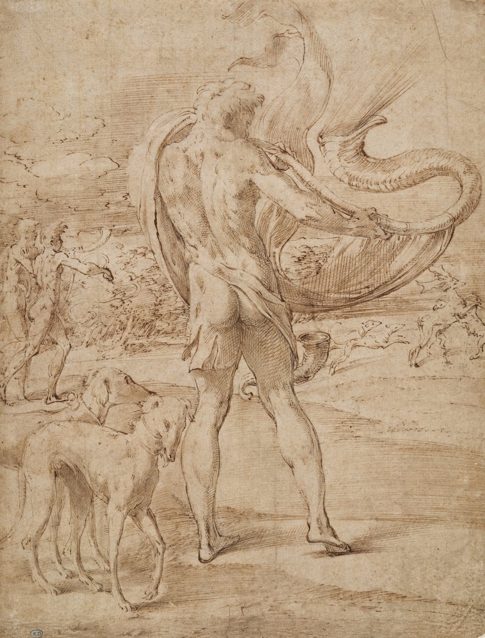Jagers die op zijn hoorn blazen met een hertenjacht in de verte door Parmigianino