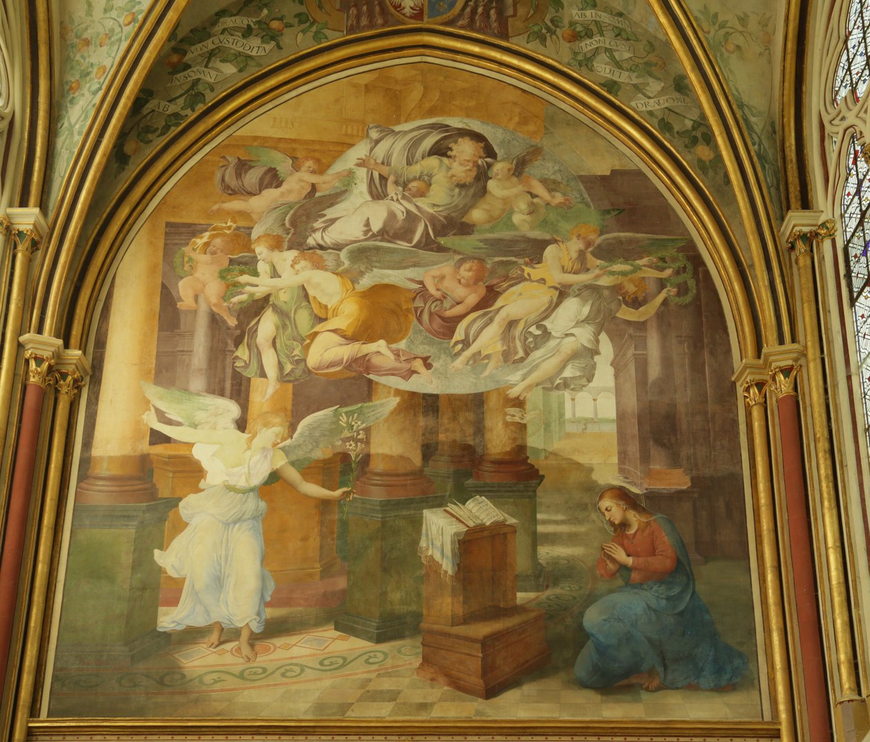 De westelijke muur van de Rayonnant-kapel van de abdij met De Annunciatie, 16e-19e eeuw door Francesco Primaticcio