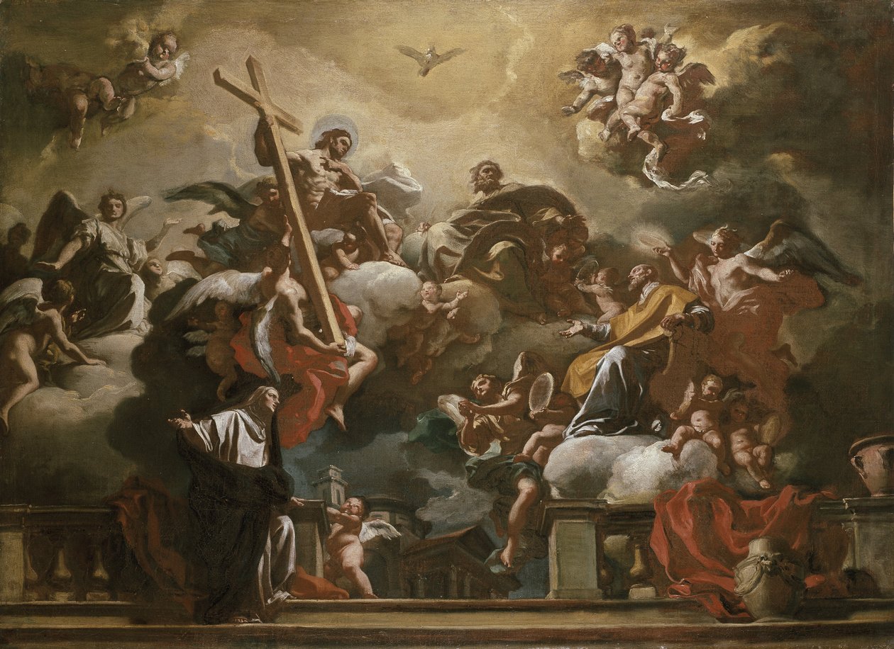 Visioen van de Drie-eenheid met HH. Philip Neri en Francesca Romana, 18e eeuw door Francesco Solimena