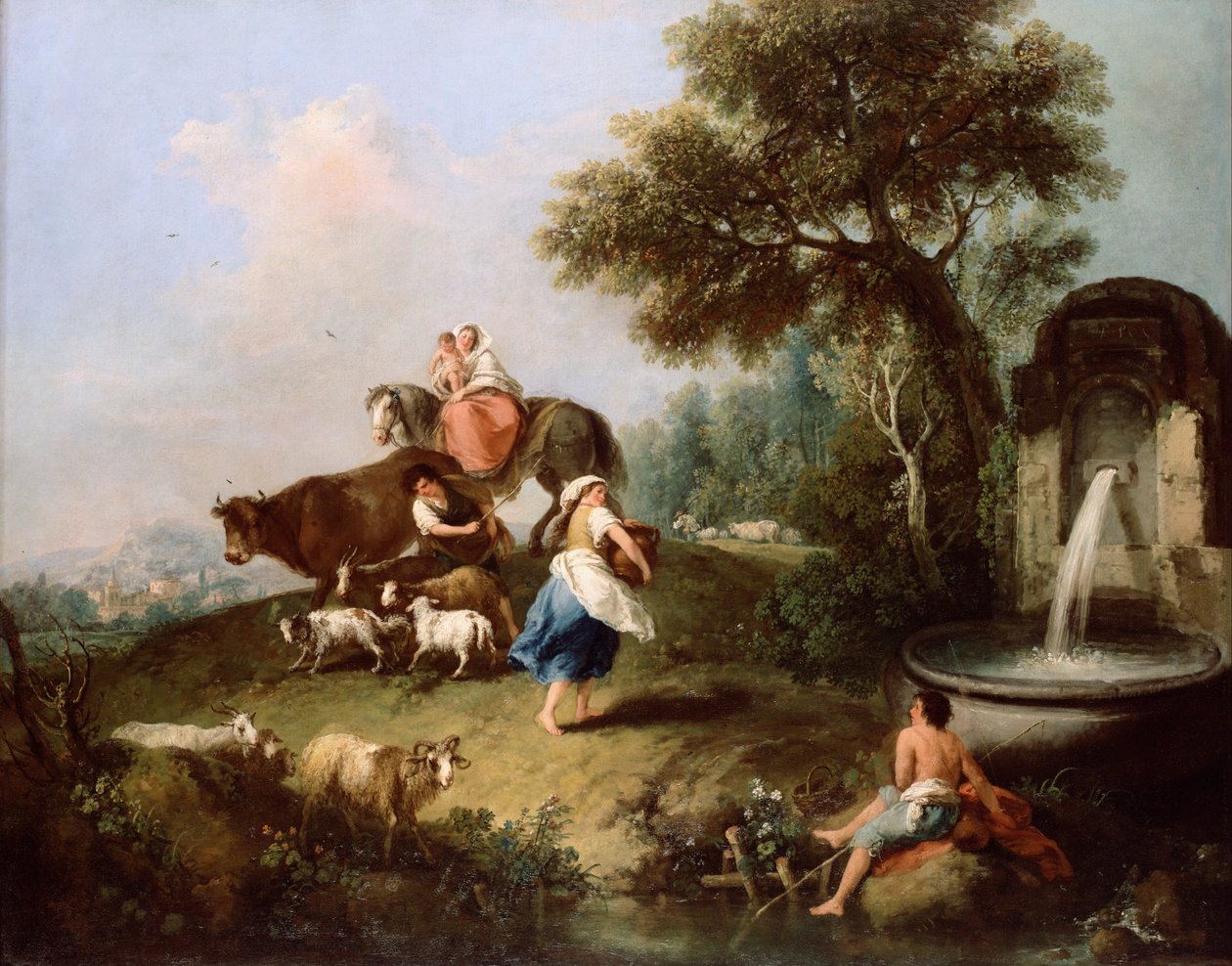 Landschap met een Fontein, Figuren en Dieren door Francesco Zuccarelli