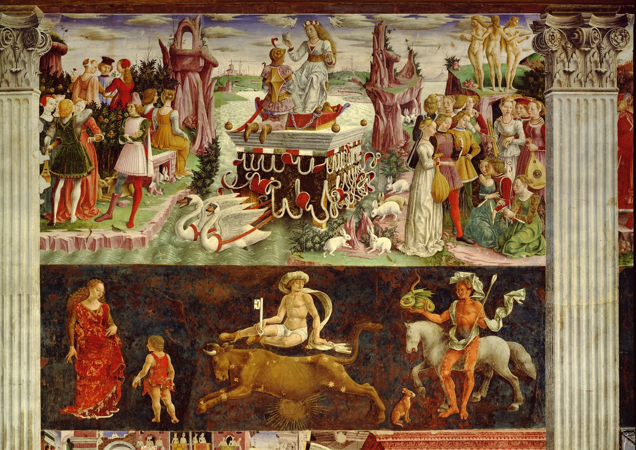 Triomf van Venus en Teken van Stier, scènes uit de Maand April, ca. 1470, door Francesco del Cossa (ca. 1435-1477), fresco, oostmuur, Hal van de Maanden, Palazzo Schifanoia (Paleis van Vreugde), Ferrara, Emilia-Romagna door Francesco del Cossa
