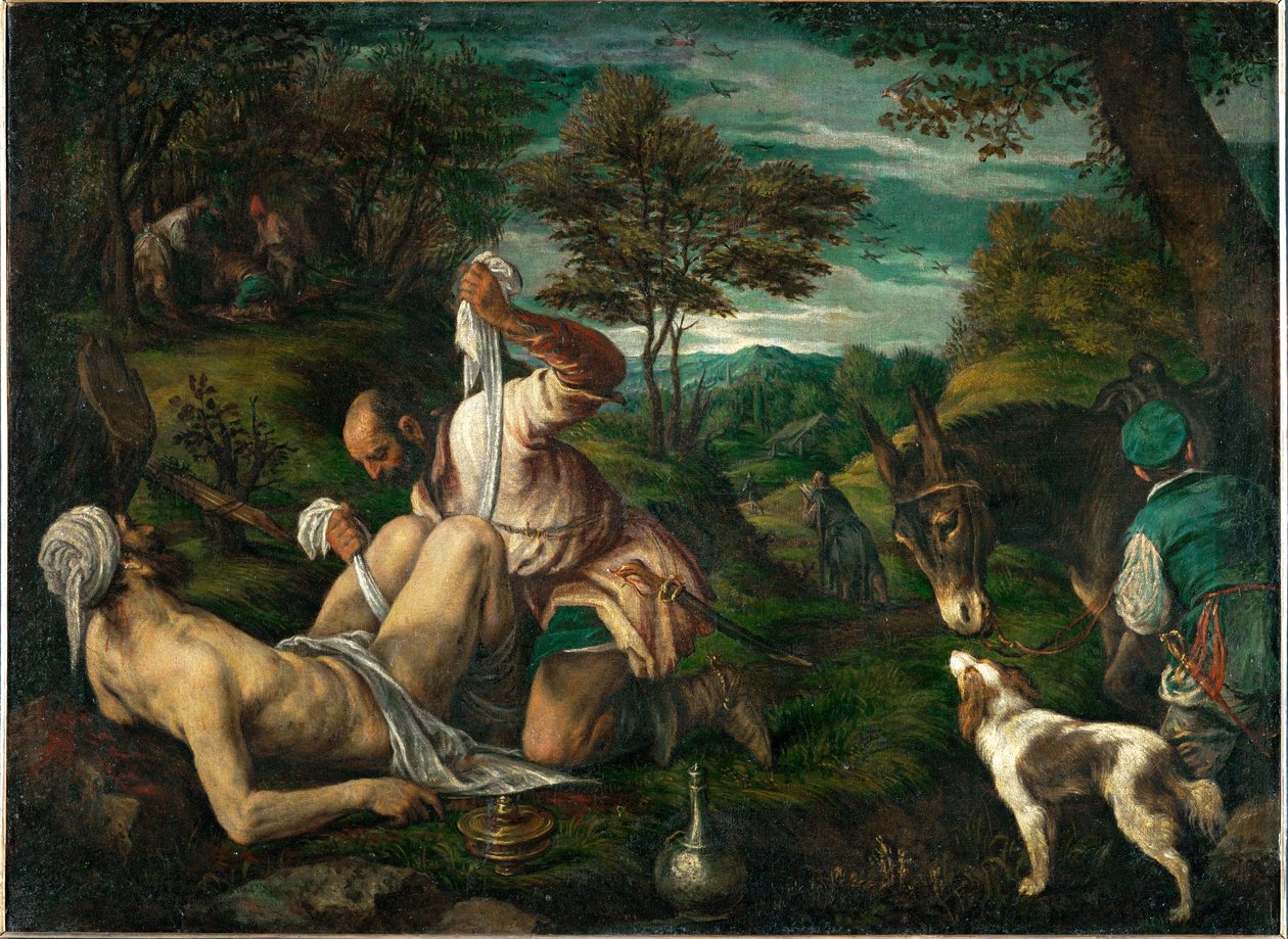 De barmhartige Samaritaan (schilderij op doek) door Francesco (1549-92) Bassano