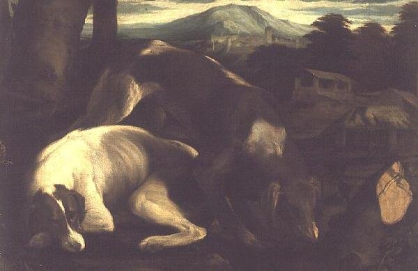 Twee jachthonden, ca. 1555 door Francesco Bassano