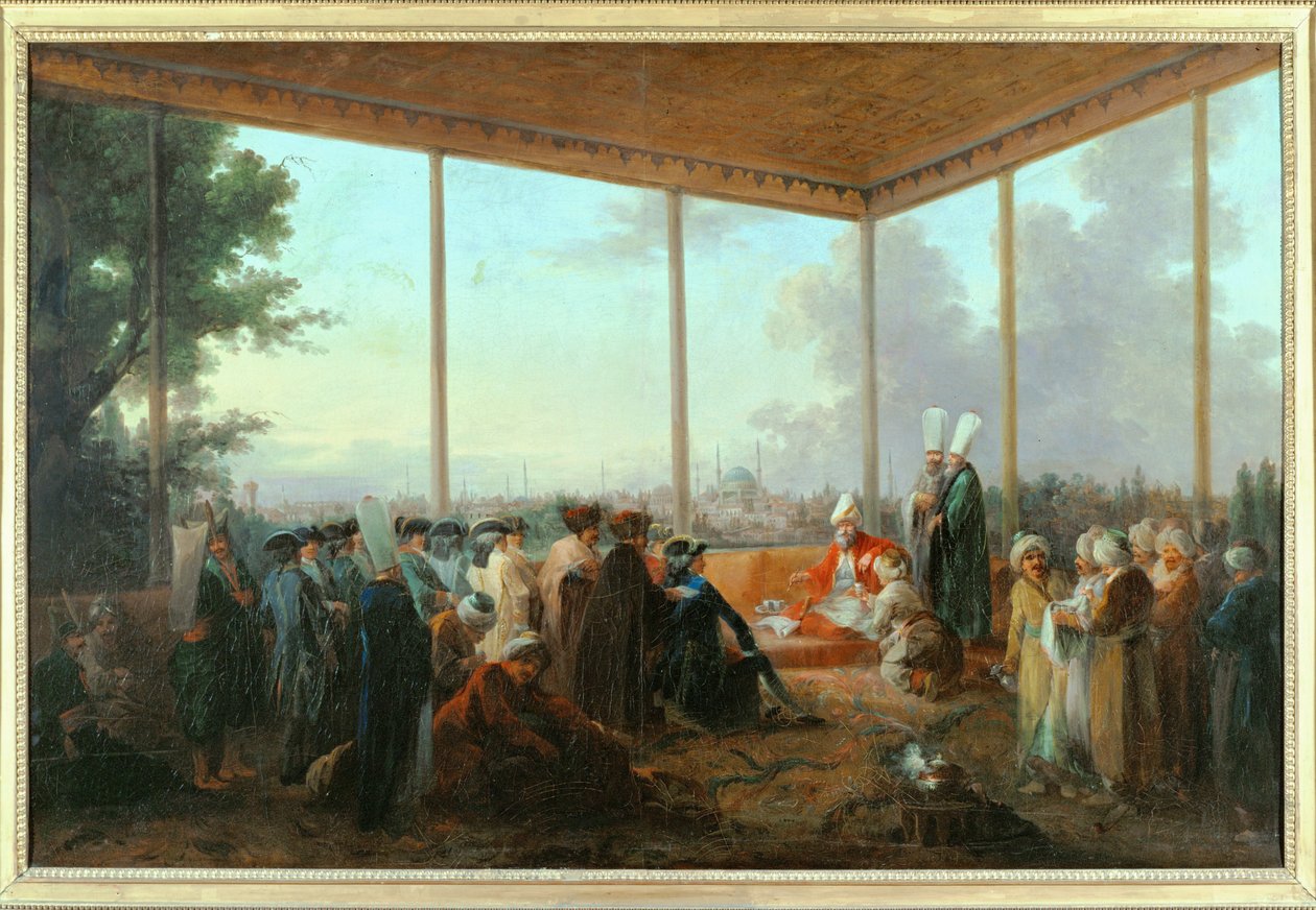 Audiëntie gegeven aan de graaf van Saint-Priest door de grootvizier Aimali Carac, 18 maart ... (schilderij op doek) door Francesco (after) Casanova
