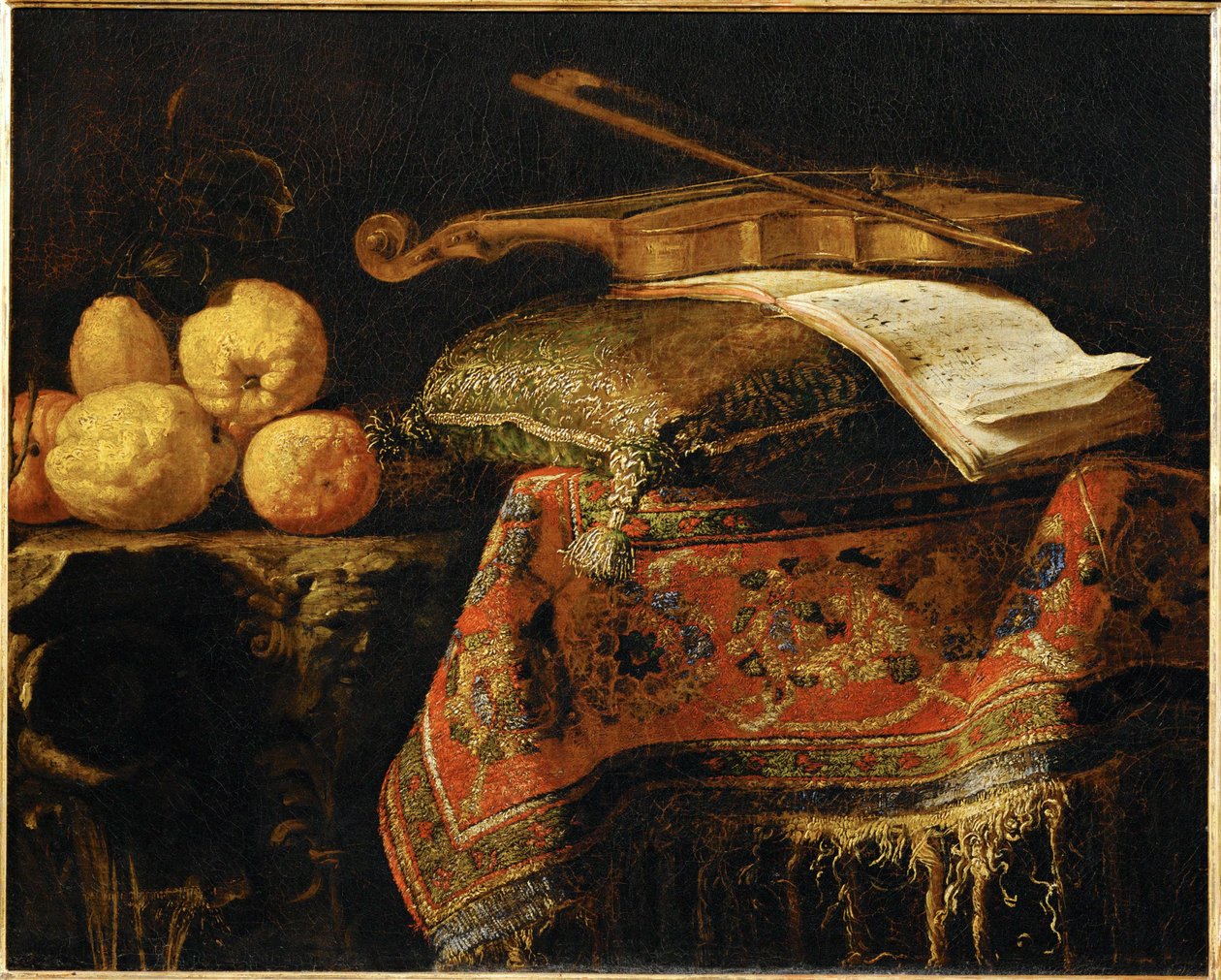 Nature Morte: cedrats et violon - Stilleven: citroenen en viool ... door Francesco (b.1640) Fieravino