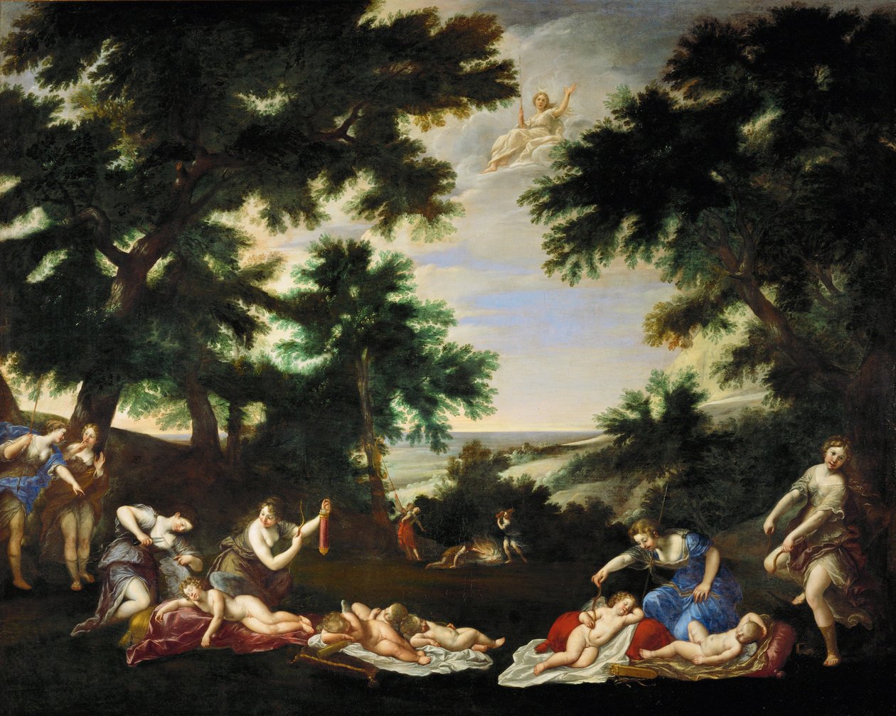 Liefdesgoden ontwapend door de nimfen van Diana ... door Francesco Albani