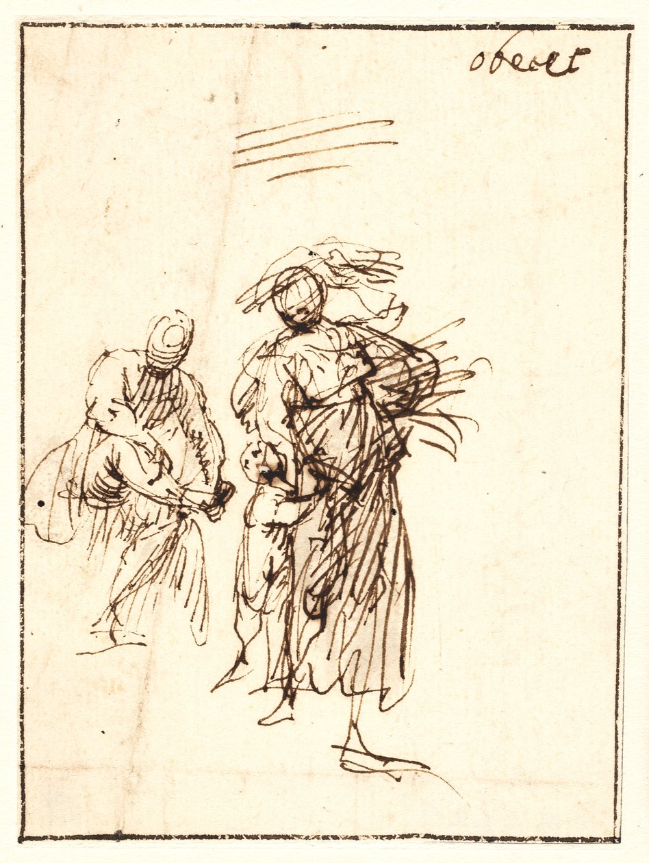 Schets van een vrouw die loopt met een kind aan haar zijde en een zittend figuur erachter door Francesco Allegrini
