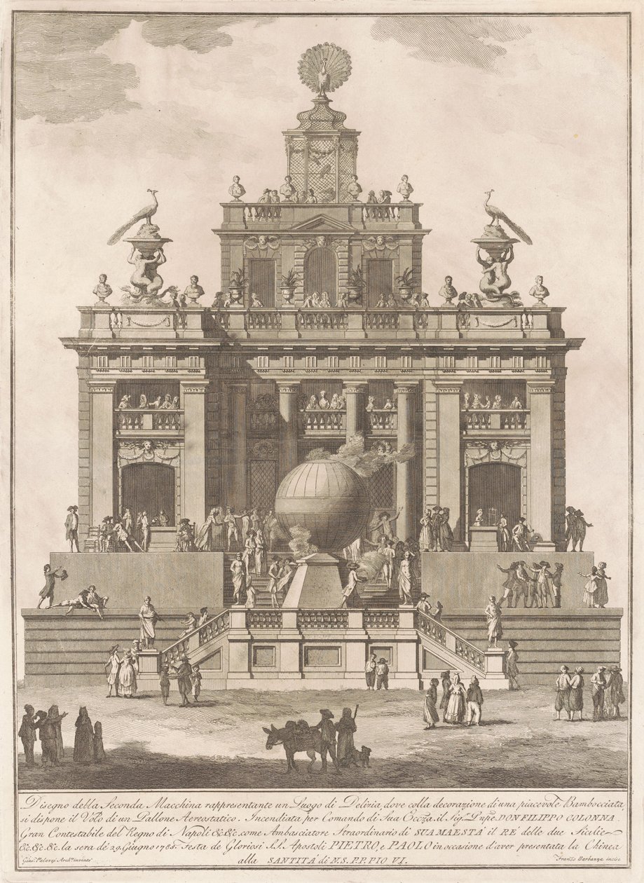 De Seconda Macchina voor de Chinea van 1785: Een plezierpaleis met een luchtballon, 1785 door Francesco Barbazza