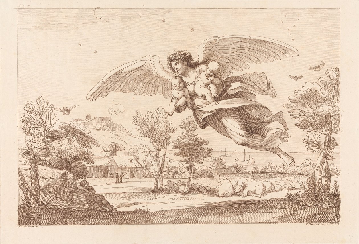 Een engel die twee baby’s draagt en over slapend vee vliegt door Francesco Bartolozzi