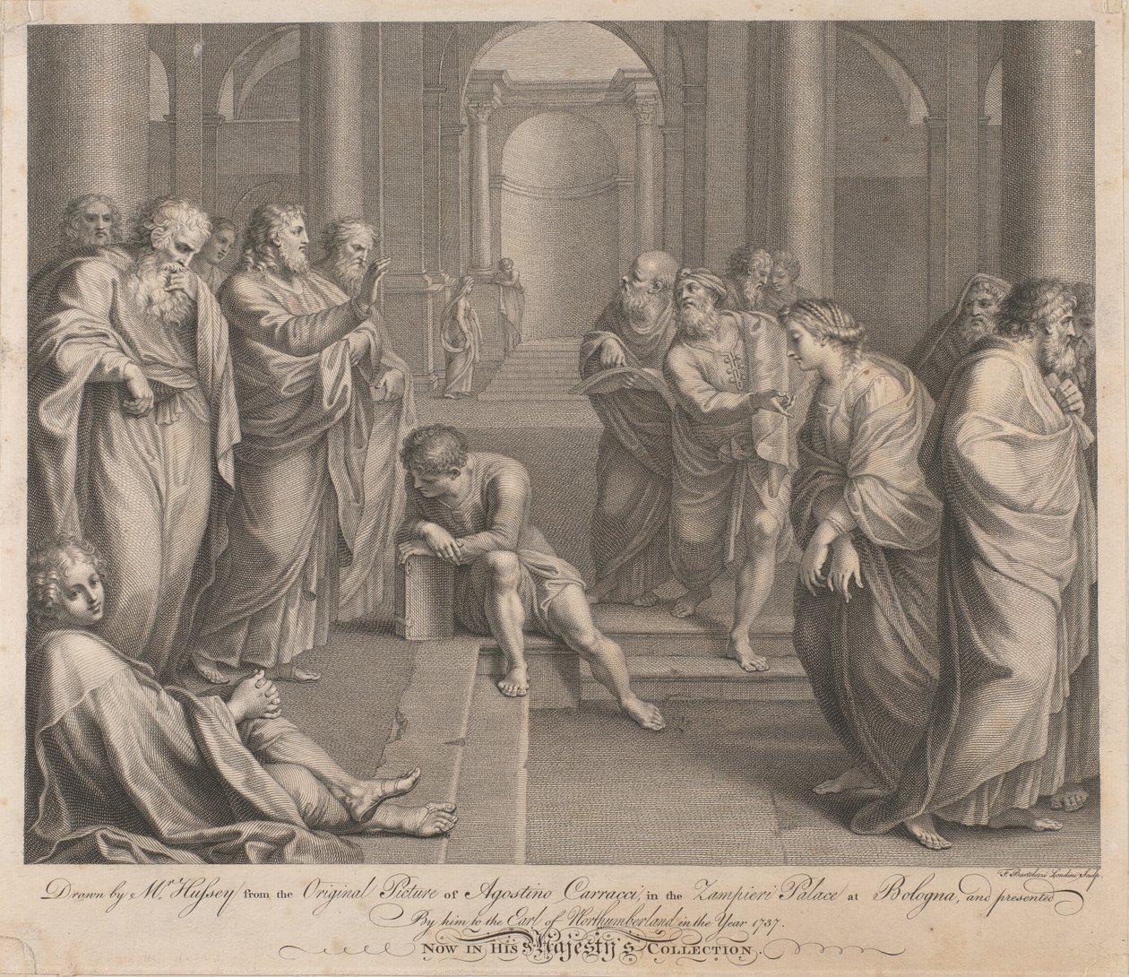 Christus zegent een overspelige vrouw met gebonden polsen in een tempel door Francesco Bartolozzi