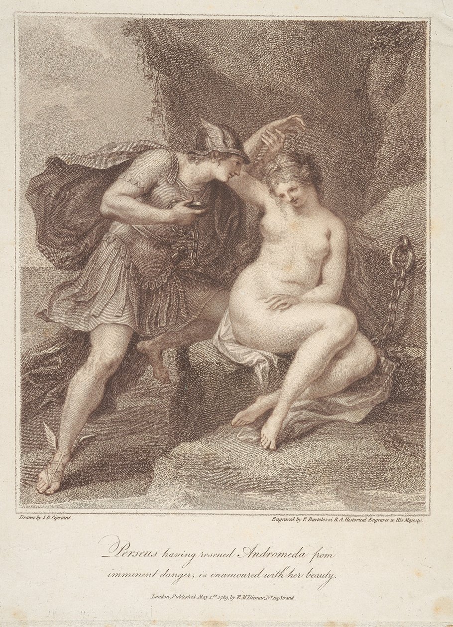 Perseus, die Andromeda uit dreigend gevaar heeft gered, wordt verliefd op haar schoonheid door Francesco Bartolozzi