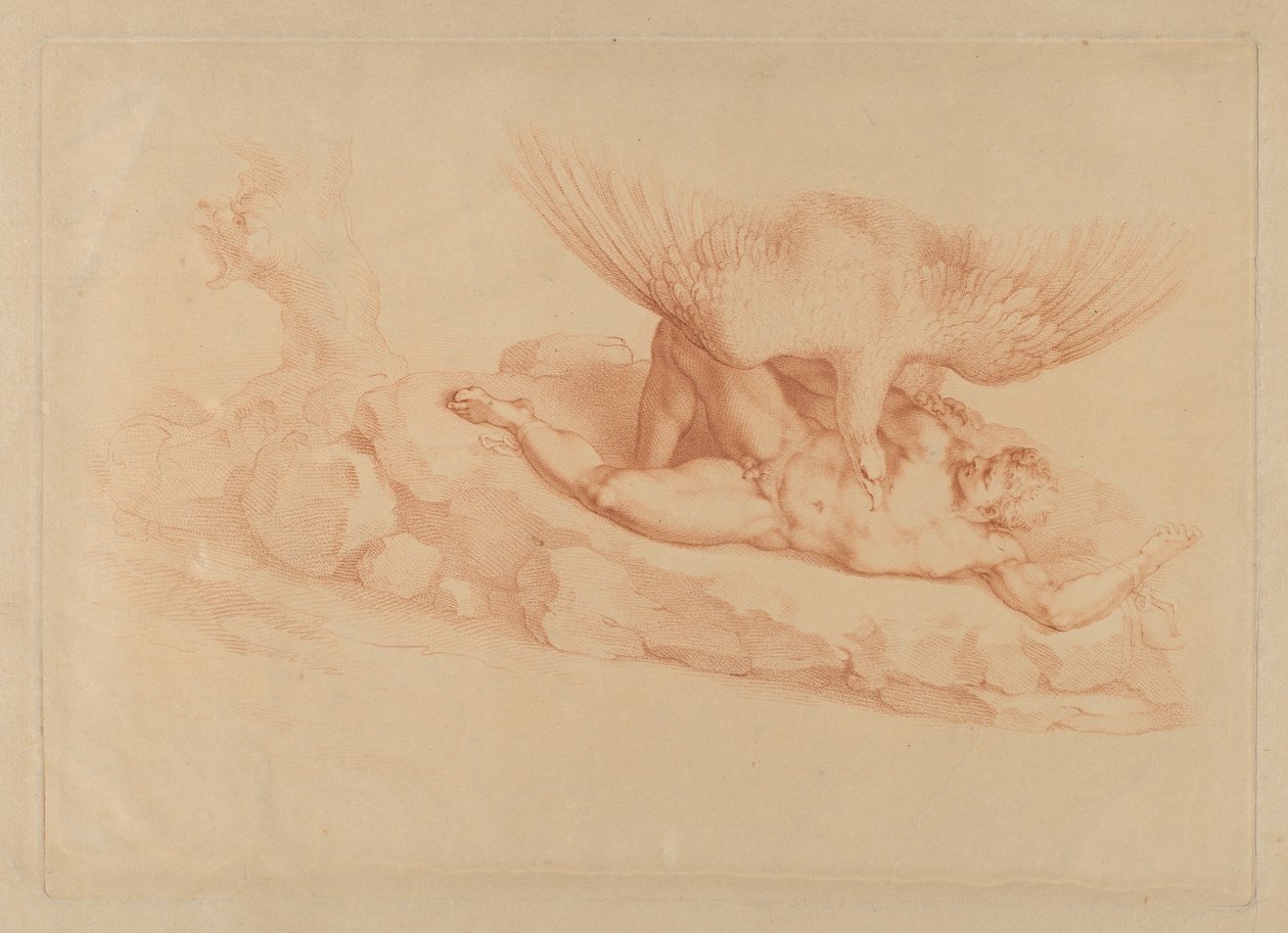 Prometheus, naakt, geketend aan een rots, kijkend naar een adelaar boven hem, 1795 door Francesco Bartolozzi